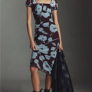 Anthropologie Maeve Puff Sleeve Square Neck Mesh Midi Dress size S